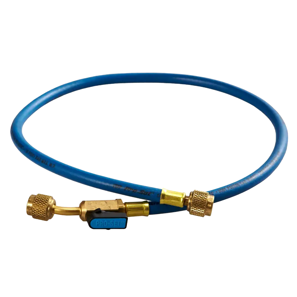 HS3BE 1/4" SAE x 90cm Refrigerant Charging Hose with Ball Valve Blue