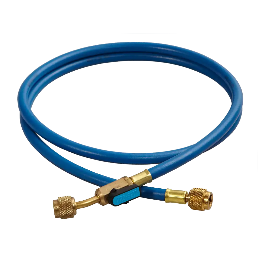 HS5BE 1/4" SAE x 150cm Refrigerant Charging Hose with Ball Valve Blue