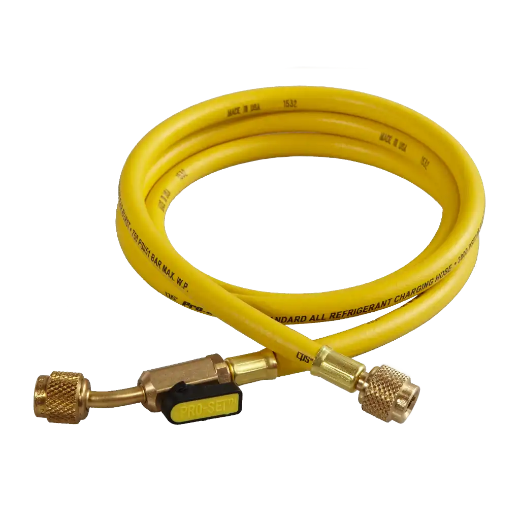 HS5YE 1/4" SAE x 150cm Refrigerant Charging Hose with Ball Valve Yellow