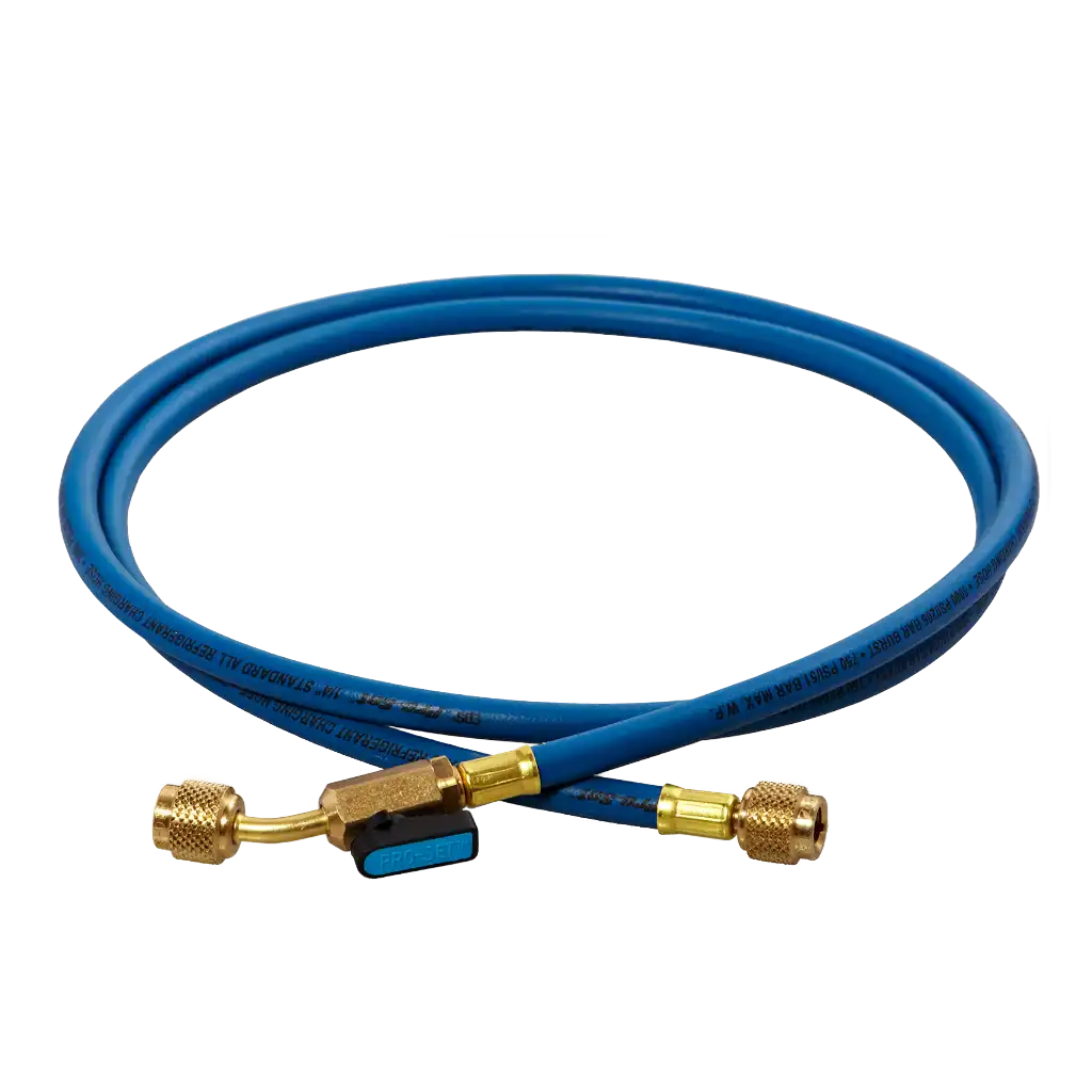 HS6BE 1/4" SAE x 180cm Refrigerant Charging Hose with Ball Valve Blue